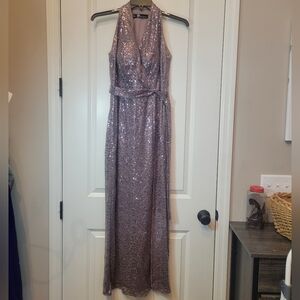 Maxi Size 8 Halter Dress Shimmering Side Slit Champaign Beige B BY CHETTA B